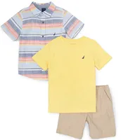 Nautica Little Boys 2T-7 Short Sleeve Striped Woven Shirt, Solid Jersey T-Shirt, & Shorts Set