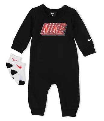 Nike Baby Boys Newborn-9 Months Long-Sleeve Block Logo Coverall & Socks Set