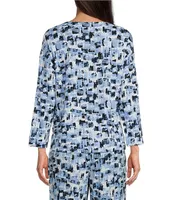 Nottibianche Geometric Print Split V-Neck Long Sleeve Coordinating Knit Sleep Top