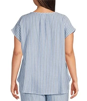 Nottibianche Plus Striped Split Round Neck Cap Sleeve Coordinating Woven Sleep Top