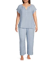 Nottibianche Plus Woven Stripped Drawstring Tie Coordinating Sleep Pant
