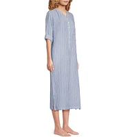 Nottibianche Striped Long Roll Tab Sleeve Split Round Neck Woven Caftan