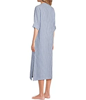 Nottibianche Striped Long Roll Tab Sleeve Split Round Neck Woven Caftan