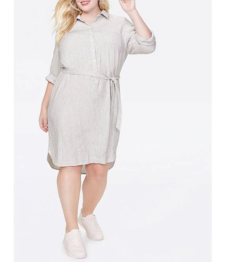 NYDJ Plus Striped Linen Blend Hi-Low Belted Shirt Dress | Pueblo Mall