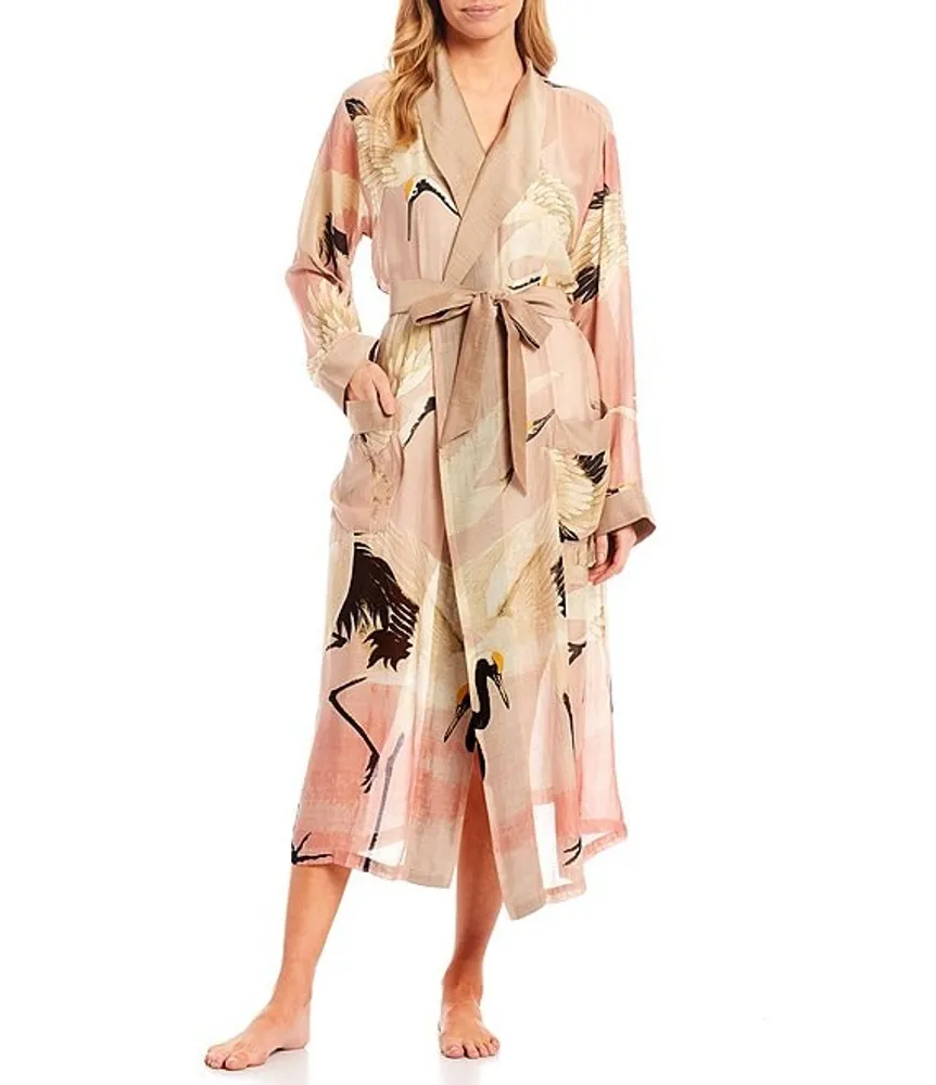 One Hundred Stars Stork Sky Print Woven Shawl Collar Long Sleeve Tie Waist Wrap Robe