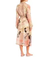 One Hundred Stars Stork Sky Print Woven Shawl Collar Long Sleeve Tie Waist Wrap Robe