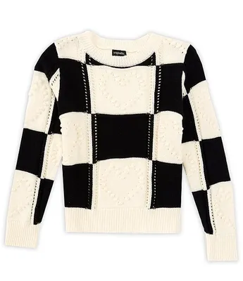 Originality Big Girls 7-16 Long Sleeve Checked/Solid Heart-Motif Sweater