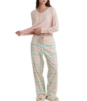 Papinelle Solid Knit Henley Top & Brushed Cotton Plaid Pant Pajama Set
