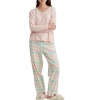 Papinelle Solid Knit Henley Top & Brushed Cotton Plaid Pant Pajama Set