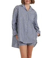 Papinelle Woven Striped Print Long Sleeve Notch Collar Button Front Nightshirt