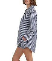 Papinelle Woven Striped Print Long Sleeve Notch Collar Button Front Nightshirt