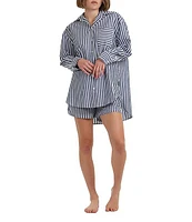 Papinelle Woven Striped Print Long Sleeve Notch Collar Button Front Nightshirt