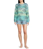 Peachy Knit Palm Ombre Long Sleeve Crew Neck Coordinating Sleep Top