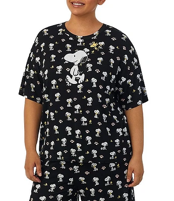 Peanuts Plus Short Sleeve Round Neck Coordinating Snoopy Print Knit Jersey Sleep Shirt