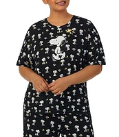 Peanuts Plus Short Sleeve Round Neck Coordinating Snoopy Print Knit Jersey Sleep Shirt
