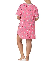 Peanuts Plus Short Sleeve Round Neck Snoopy Floral Print Side Pocket Knit Sleepshirt