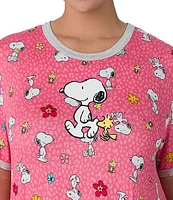 Peanuts Plus Short Sleeve Round Neck Snoopy Floral Print Side Pocket Knit Sleepshirt