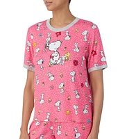 Peanuts Short Sleeve Round Neck Knit Coordinating Snoopy Floral Sleep Top