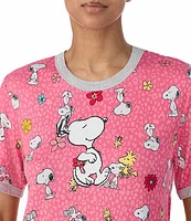 Peanuts Short Sleeve Round Neck Knit Coordinating Snoopy Floral Sleep Top