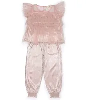 Peek Little/Big Girls 2T-10 Short Sleeve Sparkle Mesh/Crinkle Gauze Top & Matching Jogger Pant Set