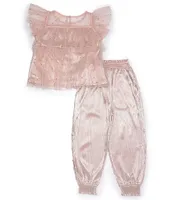 Peek Little/Big Girls 2T-10 Short Sleeve Sparkle Mesh/Crinkle Gauze Top & Matching Jogger Pant Set