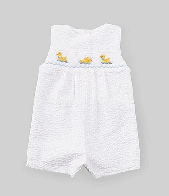 Petit Ami Baby Boys 3-24 Months Sleeveless Duck-Embroidered Smocked Seersucker Shortall
