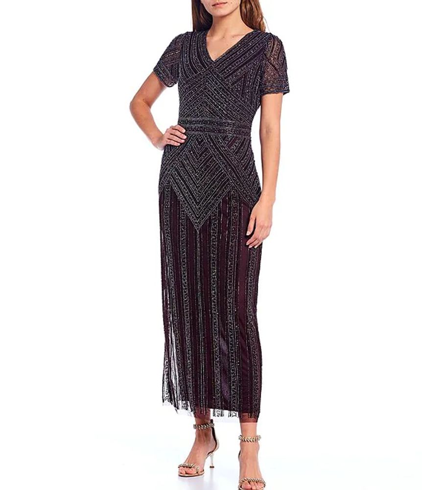 Pisarro Nights V-Neck Short Sleeve Beaded Mesh Gown | The Shops at Willow  Bend