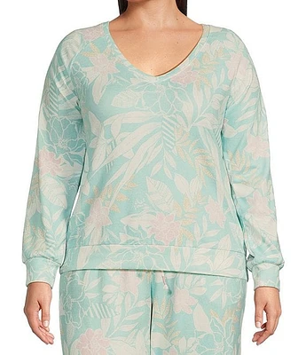 PJ Salvage Plus Long Sleeve V-Neck Peachy Knit Floral Print Coordinating Sleep Top