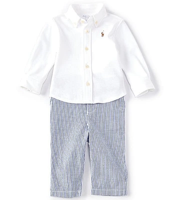 Ralph Lauren Baby Boys 3-24 Months Long Sleeve Interlock Shirt & Seersucker Pants Belt 3-Piece Set