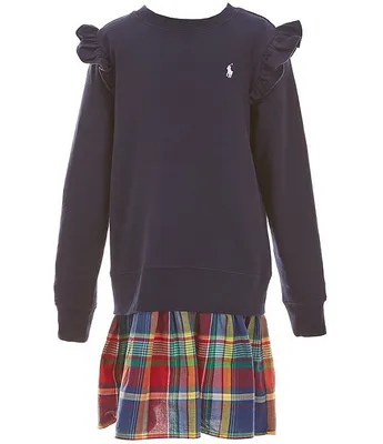 Polo Ralph Lauren Big Girls 7-16 Long Sleeve Fleece/Madras Skirted Dress