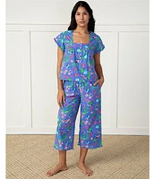 Printfresh Short Sleeve Square Neck Pintuck Detail Woven Hummingbird Floral Print Cropped Pajama Set