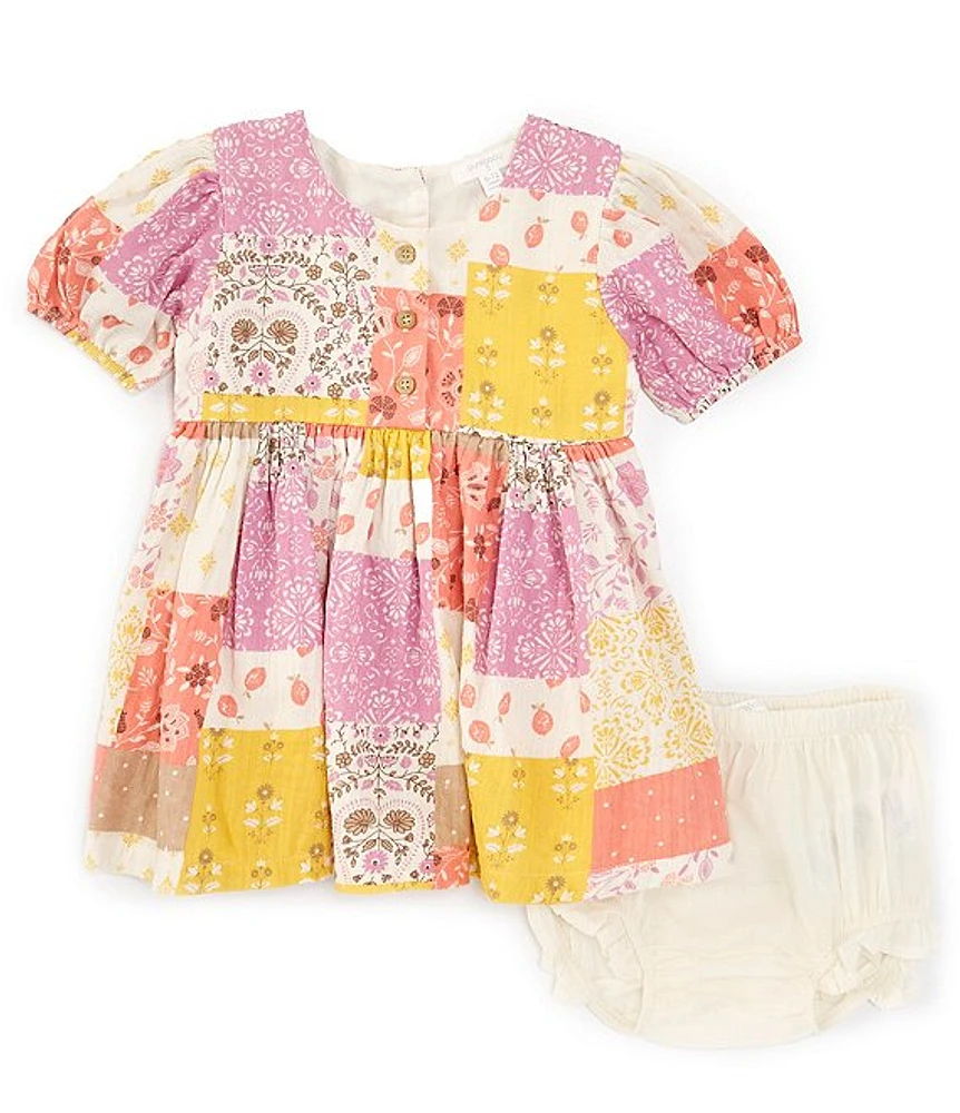 Purebaby Baby Girls Newborn-24 Months Puffed-Sleeve Patchwork Fit-And-Flare Dress