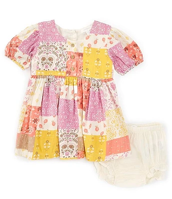 Purebaby Baby Girls Newborn-24 Months Puffed-Sleeve Patchwork Fit-And-Flare Dress