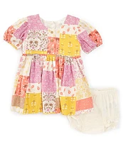 Purebaby Baby Girls Newborn-24 Months Puffed-Sleeve Patchwork Fit-And-Flare Dress