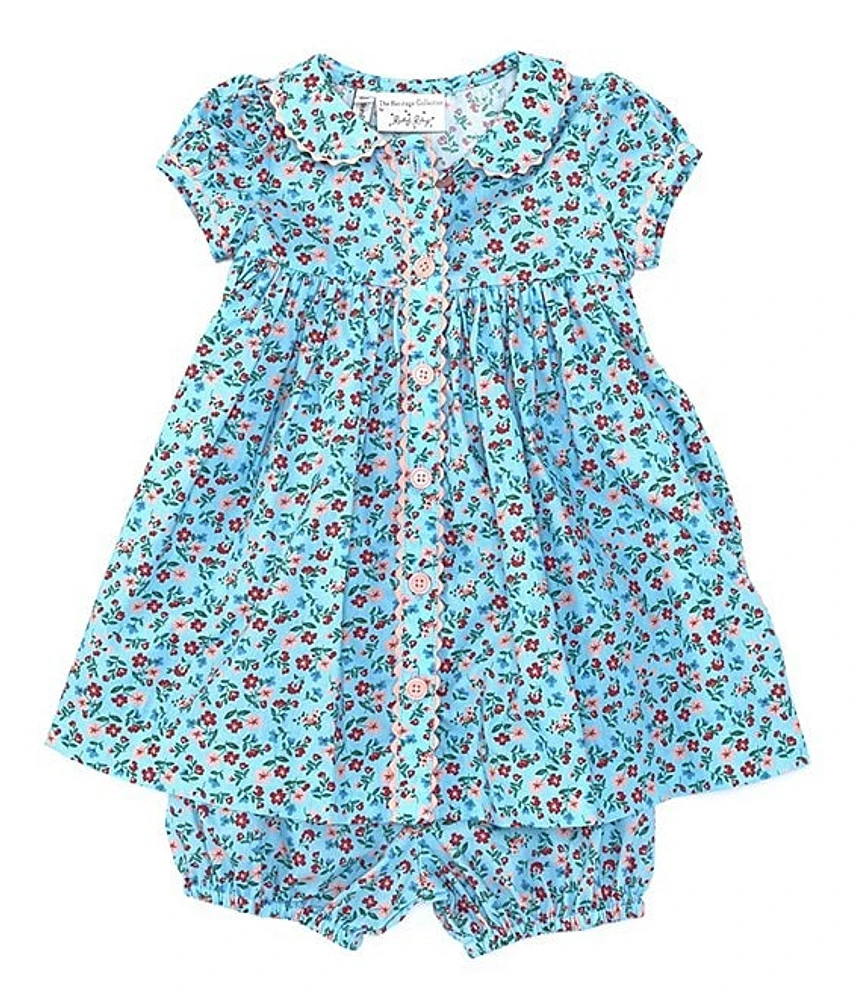 Rachel Riley Baby Girls 6-24 Months Short Sleeve Floral Button Front Collared Dress & Matching Bloomer