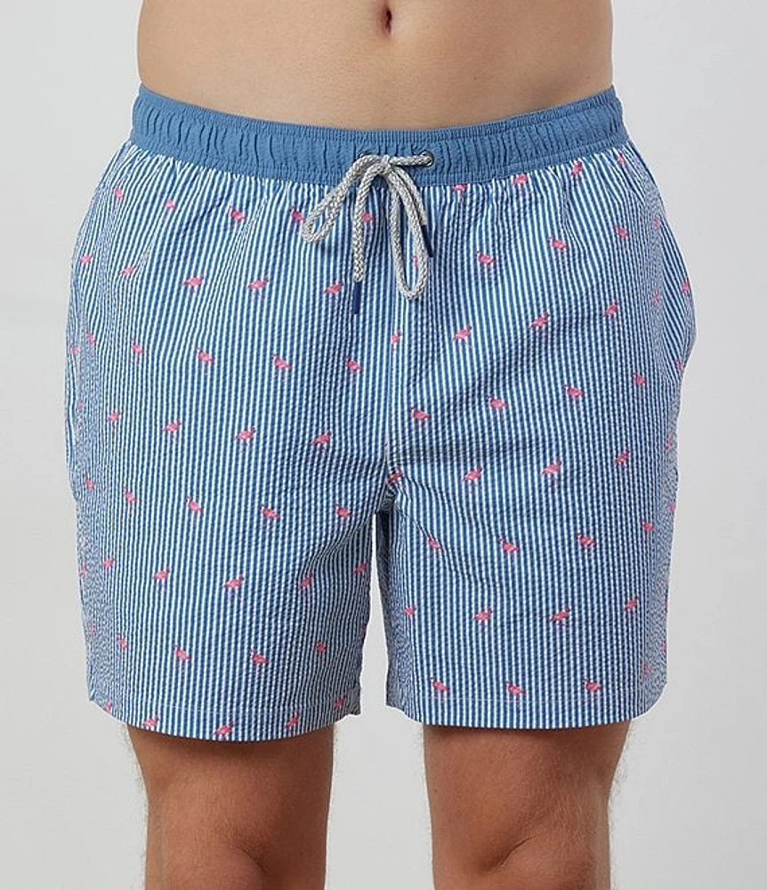 Rainforest Flamingo Stripe 6#double; Inseam Swim Trunks