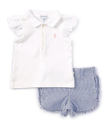 Ralph Lauren Baby Girls 3-24 Months Flutter-Sleeve Mesh Polo Shirt & Seersucker Short Set