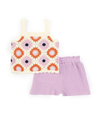 Rare Editions Baby Girls -24 Months Crocheted Tank Top & Solid Gauze Shorts Set