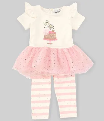 Rare Editions Baby Girls 12-24 Months Short Sleeve Birthday Cake Applique/Pindotted Tutu-Skirted Dress & Striped Leggings Set