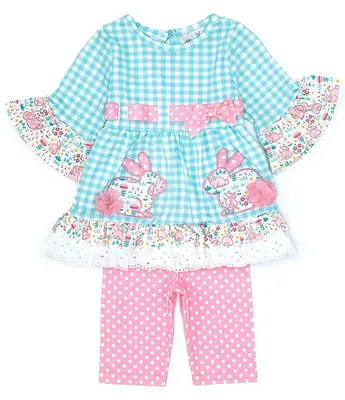 Rare Editions Baby Girls 3-24 Months 3/4 Sleeve Easter Bunny Checked Seersucker Fit & Flare Dress Dotted Leggings Set