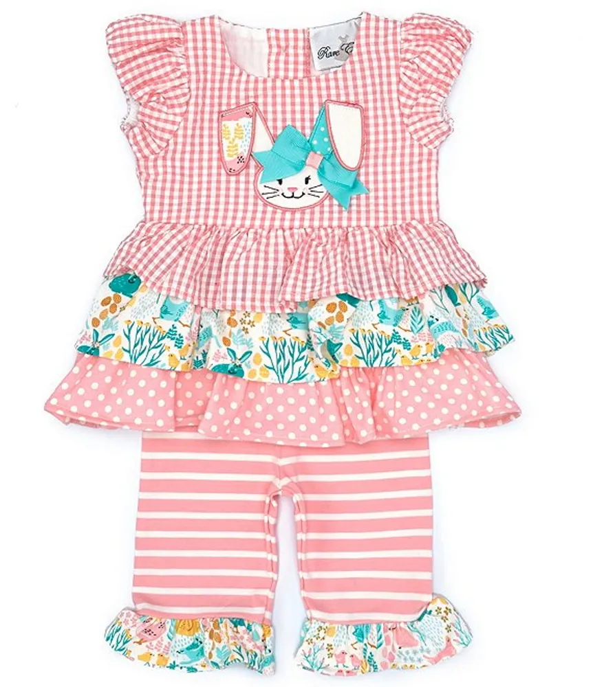 Rare Editions Baby Girls 3-24 Months Easter-Bunny-Face Applique Mixed-Media  Fit-And-Flare Dress & Striped Leggings Set