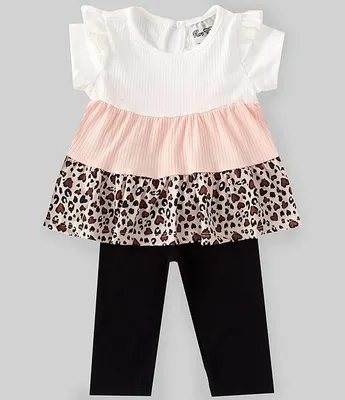 Rare Editions Baby Girls 3-24 Months Short-Sleeve Color Block/Cheetah-Printed Knit Babydoll Top & Solid Leggings Set