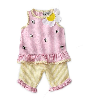 Rare Editions Baby Girls 3-24 Months Sleeveless Bee Embroidered Checked Seersucker Tunic Top & Striped Pant Set