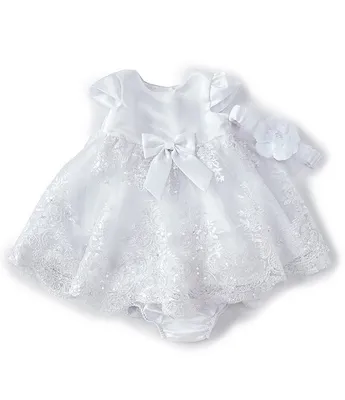 Rare Editions Baby Girls 3-24 Months Solid Satin/Embellished Embroidered Skirted Dress, Panty & Flower Headband Set