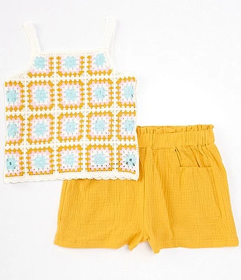 Rare Editions Big Girls 7-16 Crocheted Tank Top & Solid Gauze Shorts Set