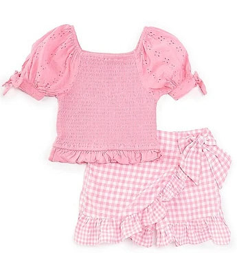 Rare Editions Big Girls 7-16 Eyelet-Embroidered-Puffed-Sleeve Top & Gingham Skort Set