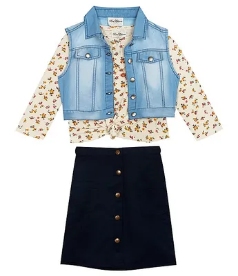 Rare Editions Big Girls 7-16 Long Sleeve Waffle Floral Top with Denim Vest & Skirt 4-Piece Set