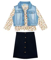 Rare Editions Big Girls 7-16 Long Sleeve Waffle Floral Top with Denim Vest & Skirt 4-Piece Set