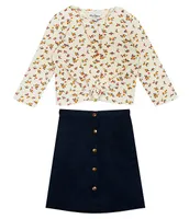 Rare Editions Big Girls 7-16 Long Sleeve Waffle Floral Top with Denim Vest & Skirt 4-Piece Set