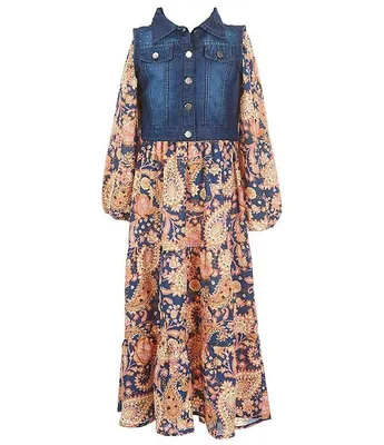 Rare Editions Big Girls 7-16 Sleeveless Denim Vest & Long Sleeve Printed Fit And Flare Dress